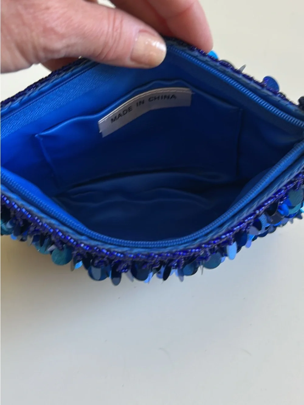 Blue Sequin Evening Clutch with Braided Strap